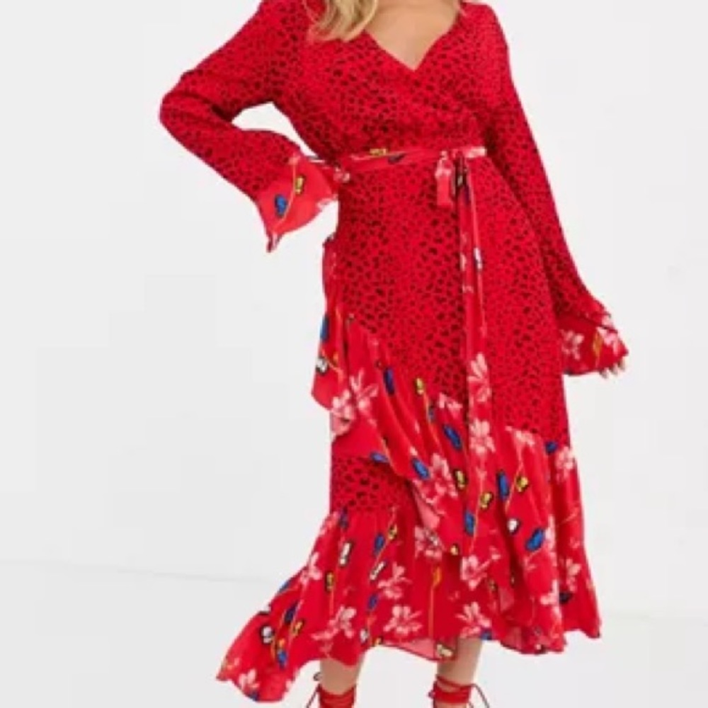 ASOS Wrap Midi dress with butterfly and ruffle details